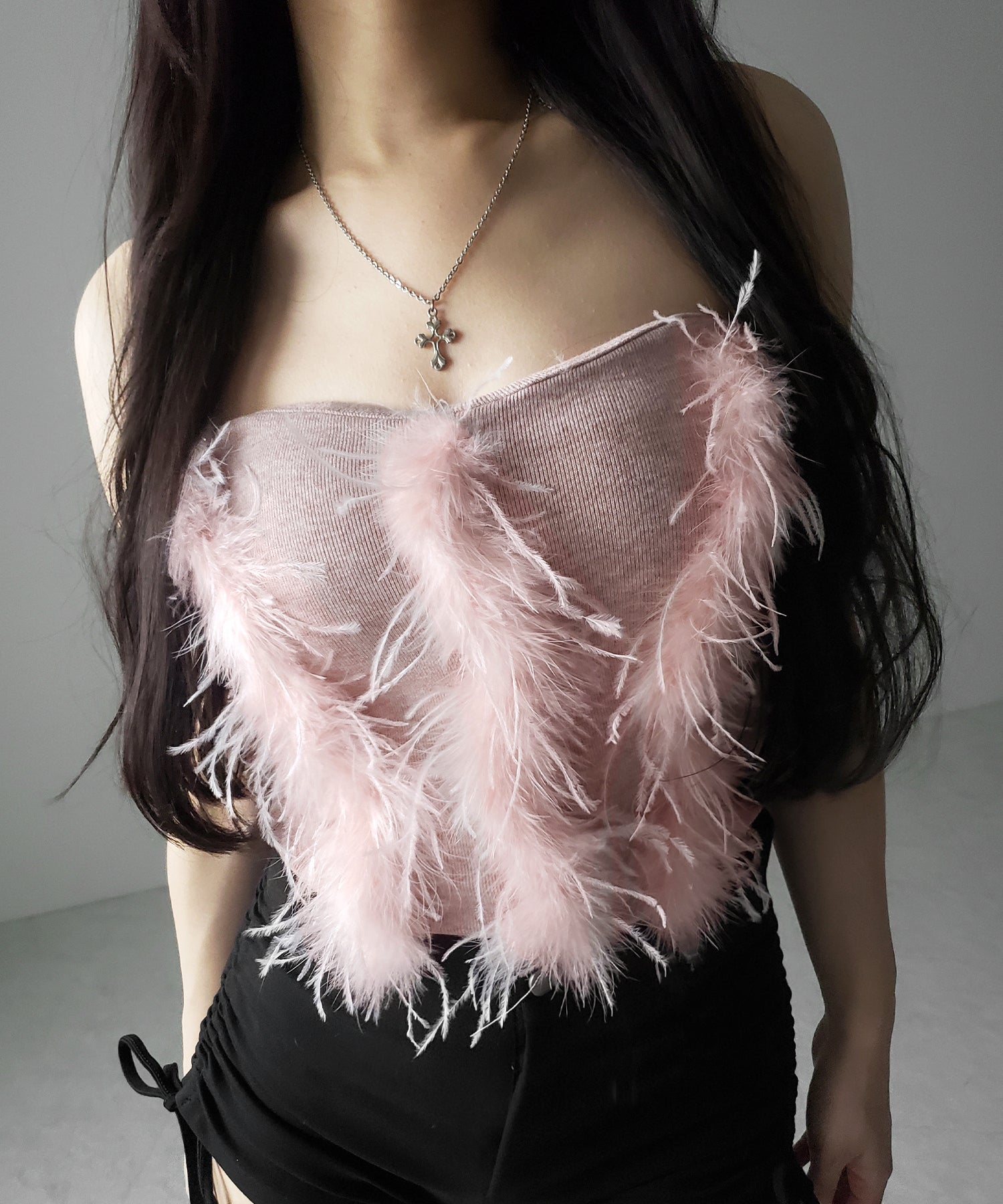 フェザーファードッキングビスチェベアトップ / feather fur docking bustier bare tops