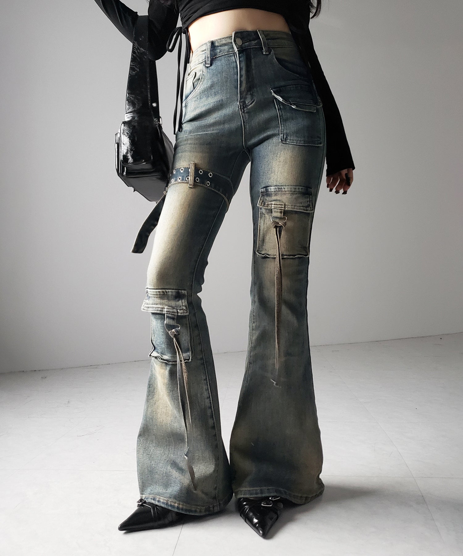 【 2color / 4size 】ベルテッドアウトポケットヴィンテージフレアデニム / belted out pocket vintage flare denim