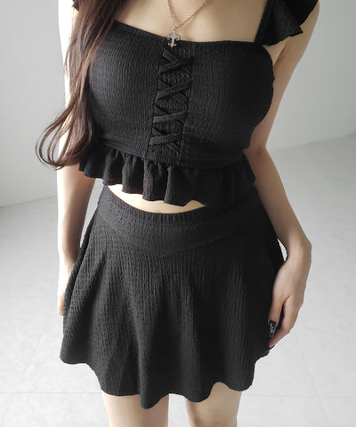 【 レディース水着/2点セット 】レースアップショルダーフリルハイウエストフレアビキニ / lace-up shoulder frill high waist flare bikini