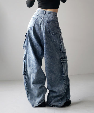 【 デニムセットアップ着用可能 】ヴィンテージケミカルブリーチヘビーワイドカーゴデニム / vintage chemical bleach heavy wide cargo denim