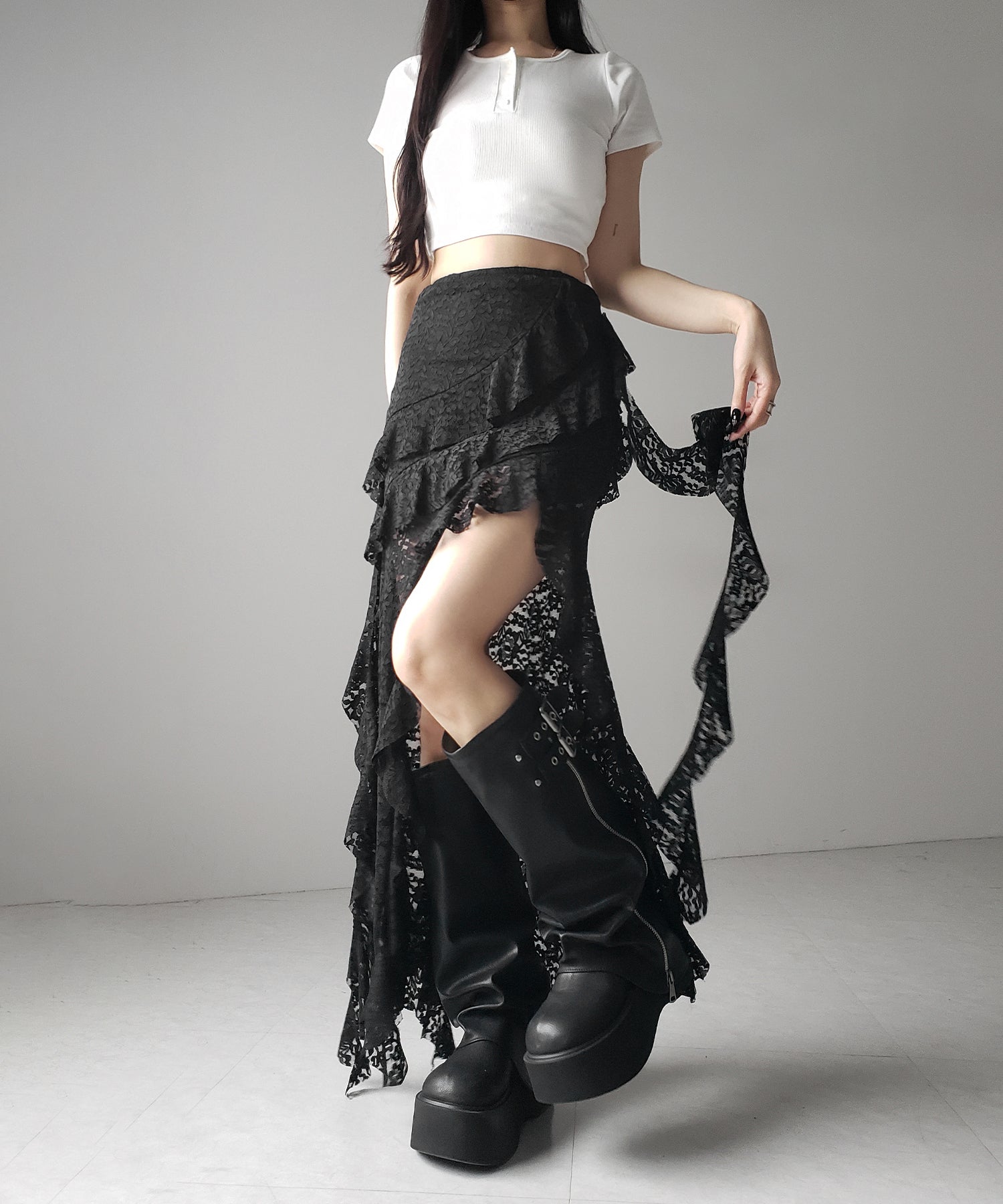 【 裏地付 】アシンメトリーフリルレーススリットロングスカート / asymmetry frill lace slit long skirt