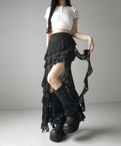 【 裏地付 】アシンメトリーフリルレーススリットロングスカート / asymmetry frill lace slit long skirt