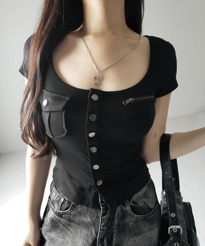アウトポケットスクエアネックスリムTシャツ /Out pocket square neck slim T-shirt