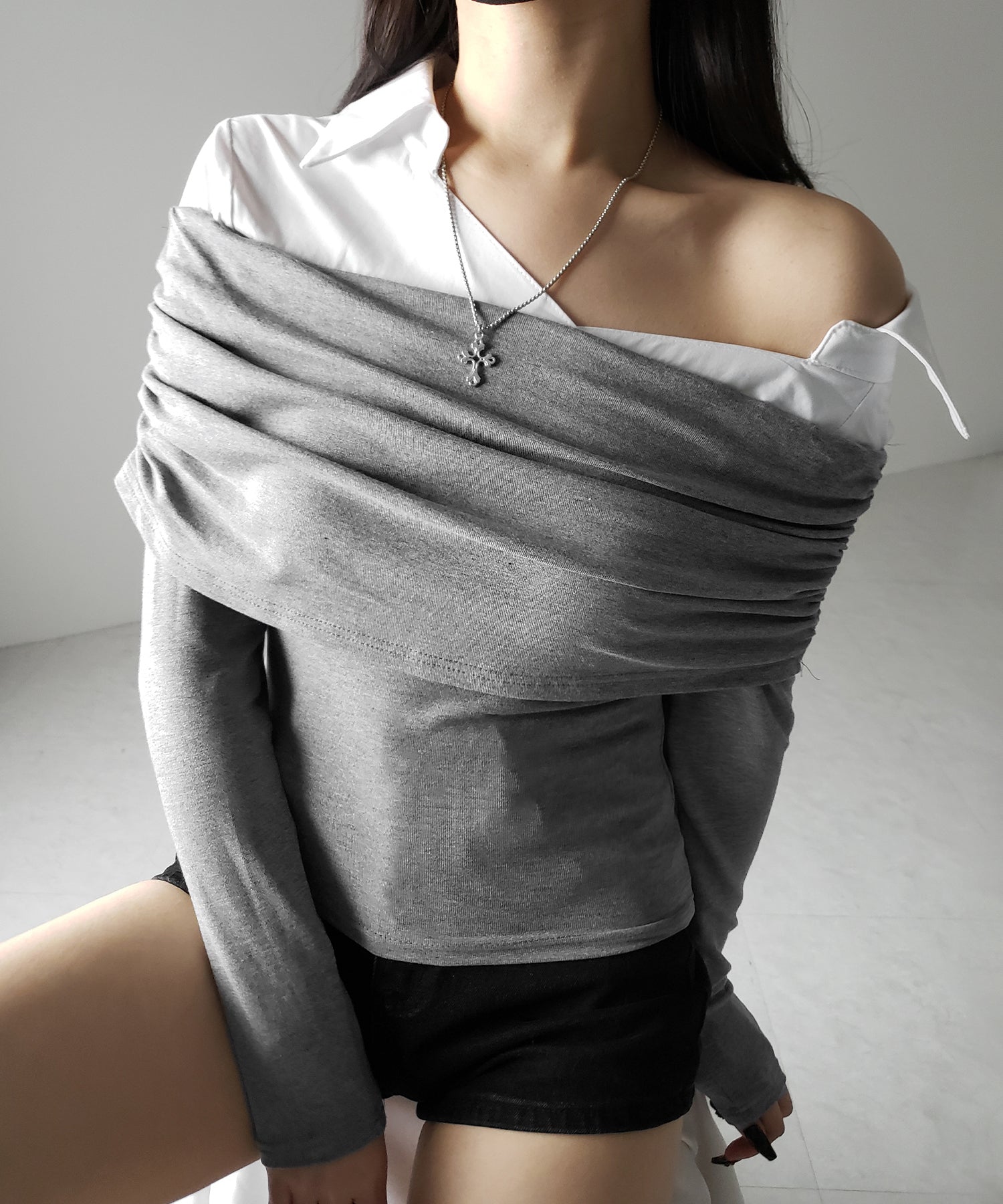 【 2color 】シャツドッキングワイドオフショルトップス / shirt docking wide off shoulder tops