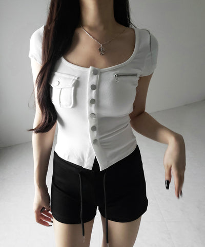 アウトポケットスクエアネックスリムTシャツ /Out pocket square neck slim T-shirt