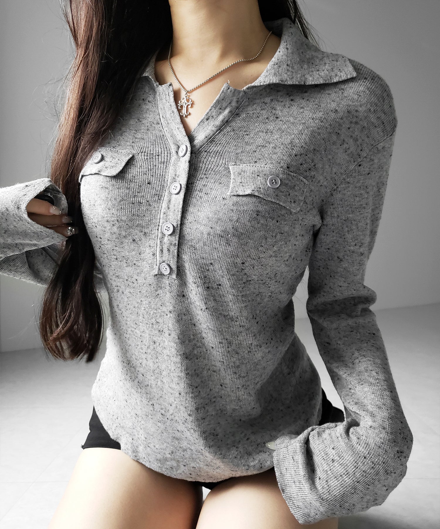 スキッパーボタン長袖ロングニットトップス / skipper button long sleeve long sheer knit tops