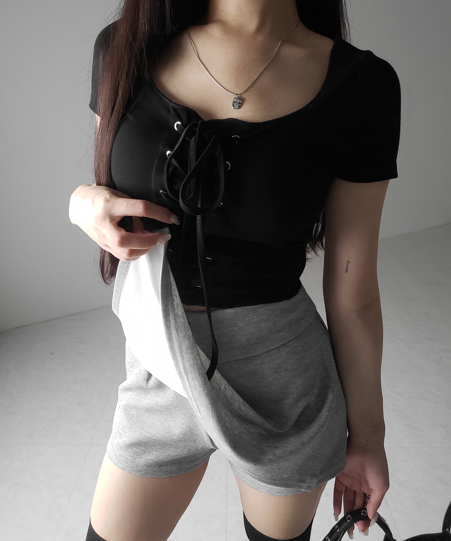 【 2color / 3size 】サイドスリットレイヤードスウェットミニスカパン / side slit layered sweat mini skirt pants