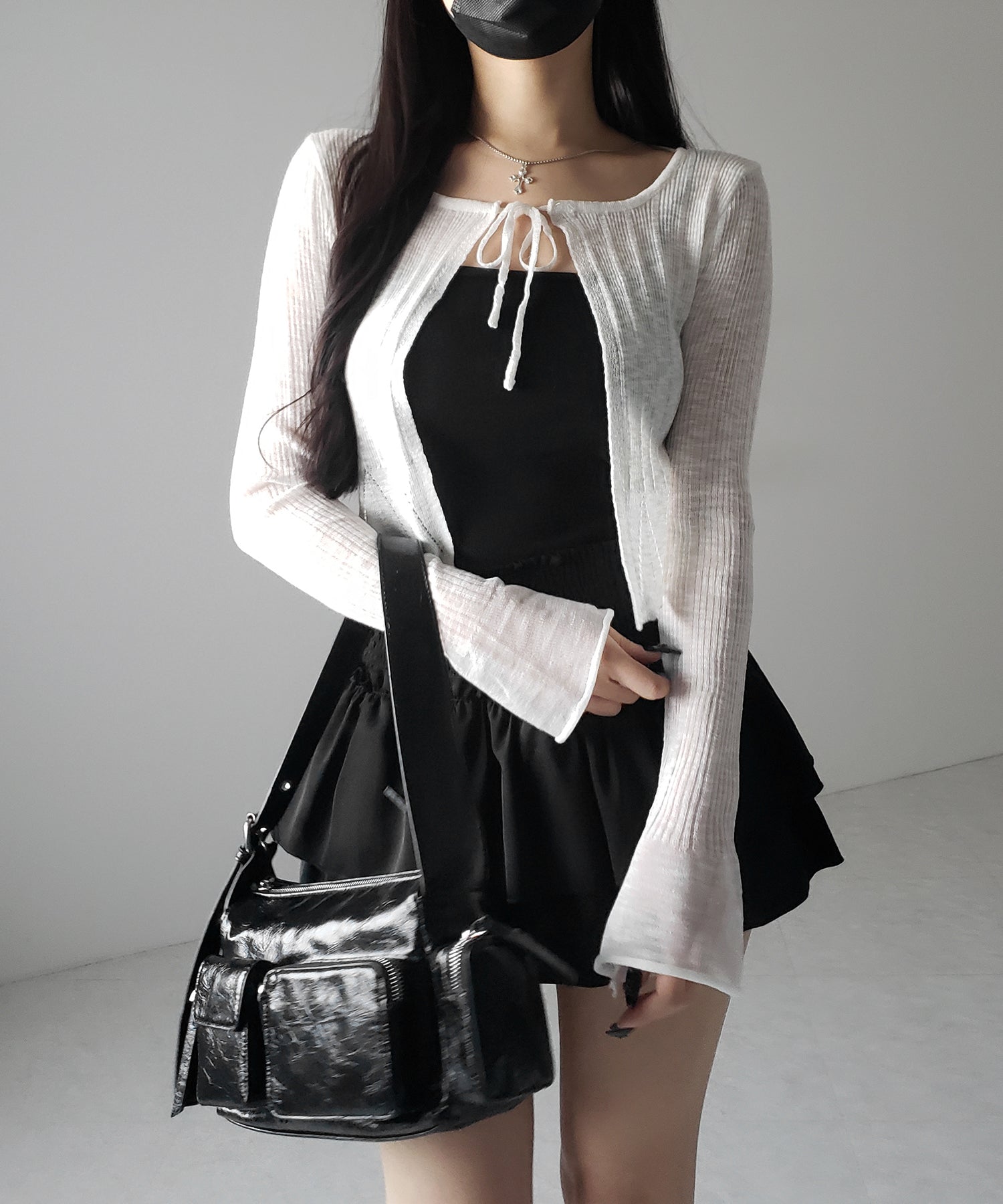 フロントリボンシアーニットショートカーディガン / front ribbon sheer knit short cardigan