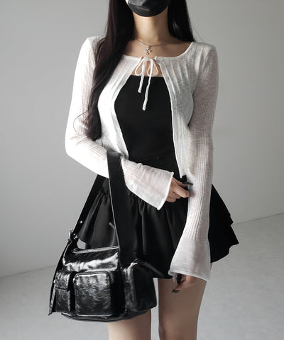 フロントリボンシアーニットショートカーディガン / front ribbon sheer knit short cardigan