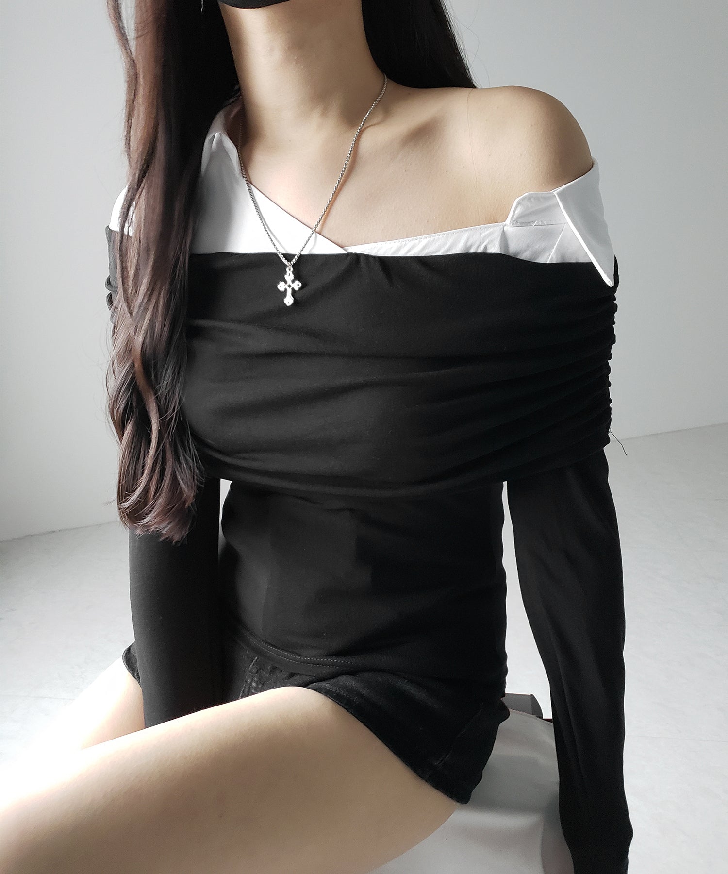 【 2color 】シャツドッキングワイドオフショルトップス / shirt docking wide off shoulder tops