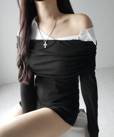 シャツドッキングワイドオフショルトップス / shirt docking wide off shoulder tops