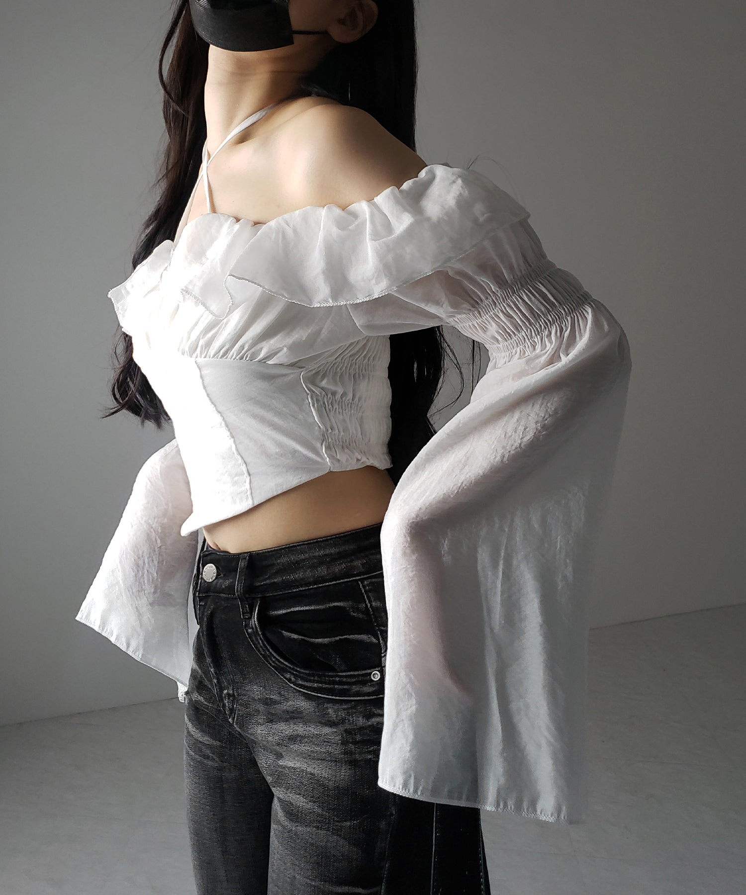 【3WAY 】チョーカーリボンフレアスリーブオフショルブラウス / choker ribbon flare sleeve off-shoulder blouse