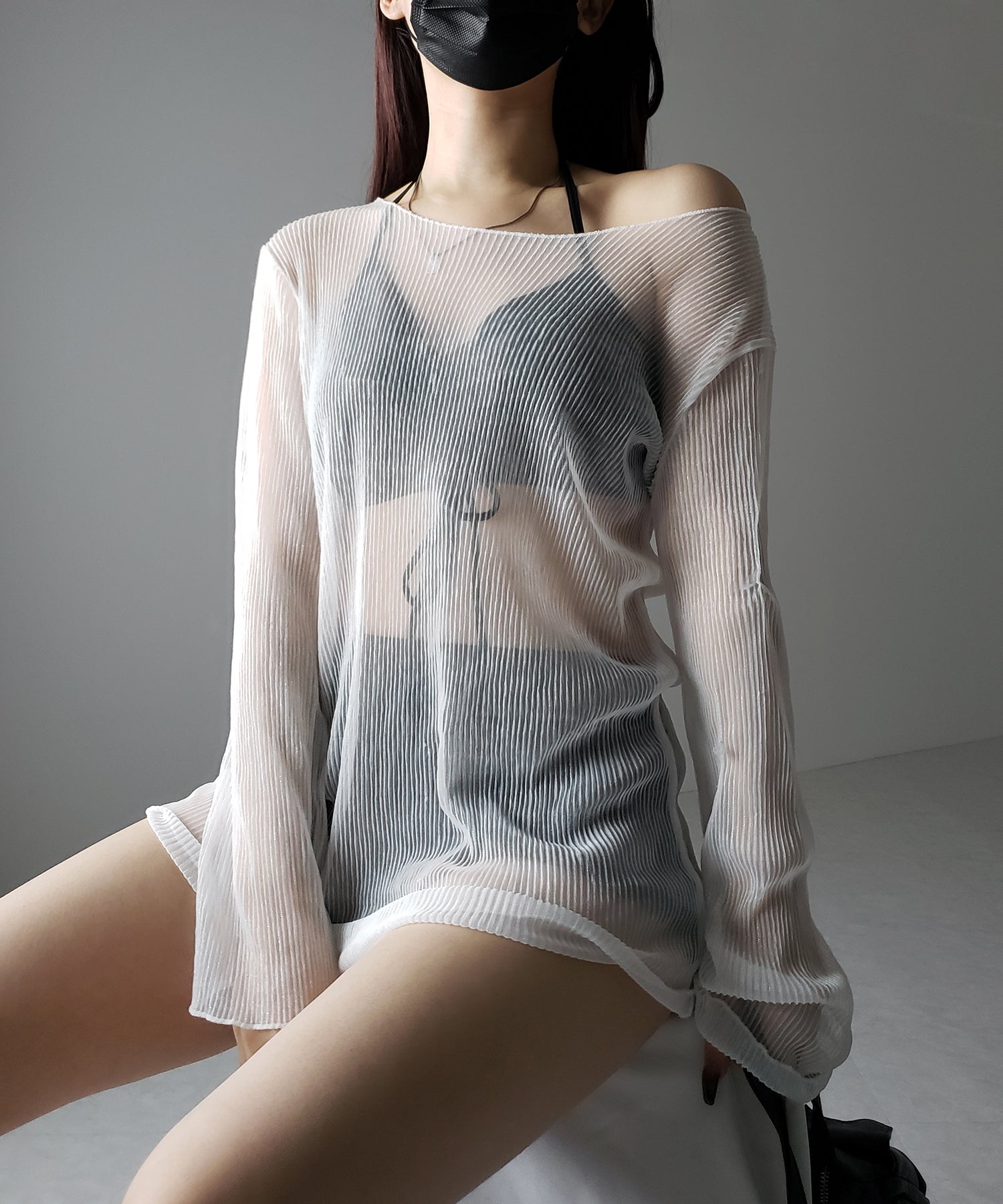 【 レディース水着/3点セット 】シアートップス付き フロントリボンホルターネックハイウエストビキニ / sheer tops set front ribbon halter neck high waist bikini