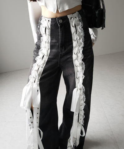 サテンリボンレースアップワイドデニムパンツ / satin ribbon lace up wide denim pants