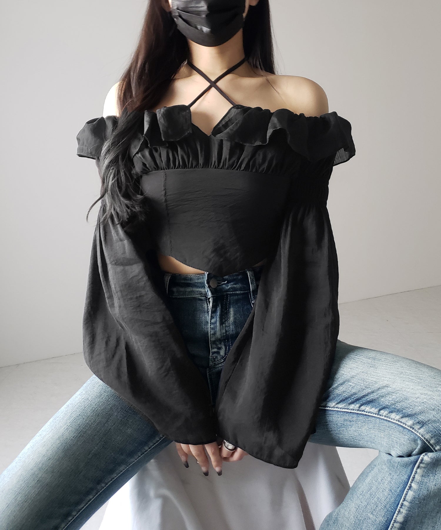 【3WAY 】チョーカーリボンフレアスリーブオフショルブラウス / choker ribbon flare sleeve off-shoulder blouse