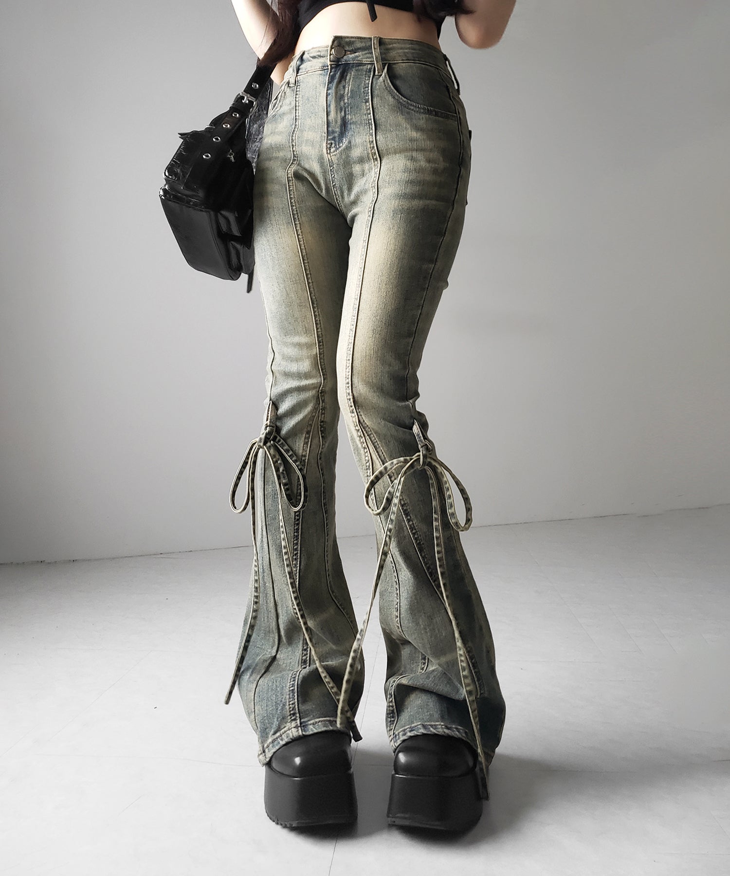【 2color / 4size 】ストラップリボンヴィンテージストレッチフレアデニム / strap ribbon vintage stretch flare denim
