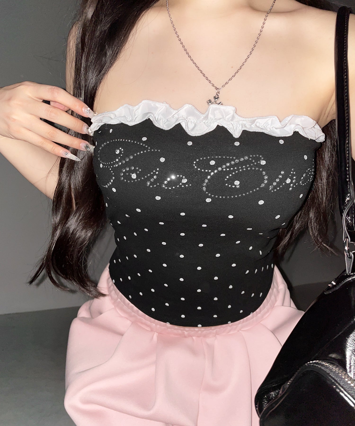 ラインストーンドットフリルベアトップス / Rhinestone dot frill bare tops