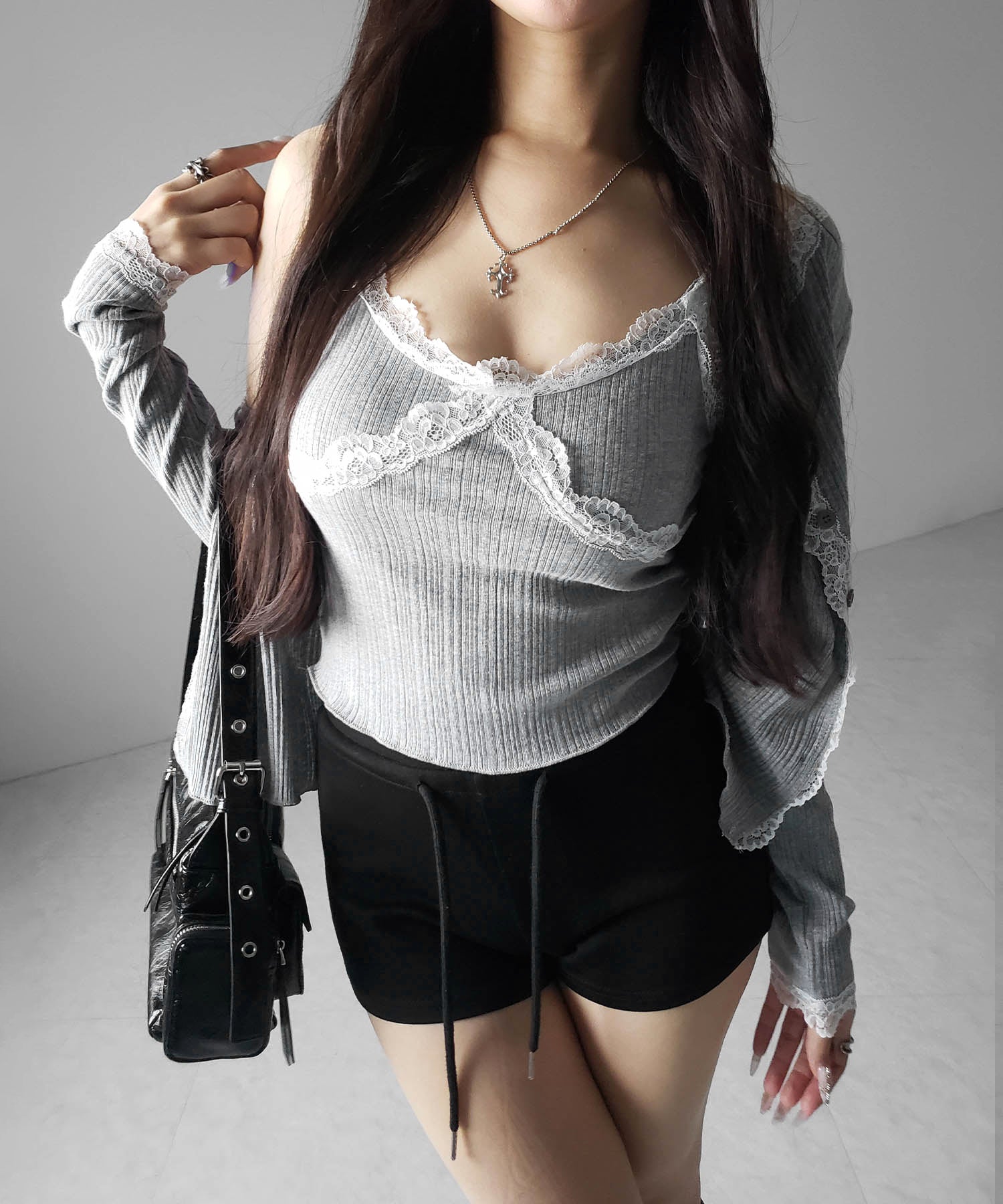 【 2点セット 】レースドッキングリブキャミソール + カーディガンセット / lace docking lib camisole + cardigan SET