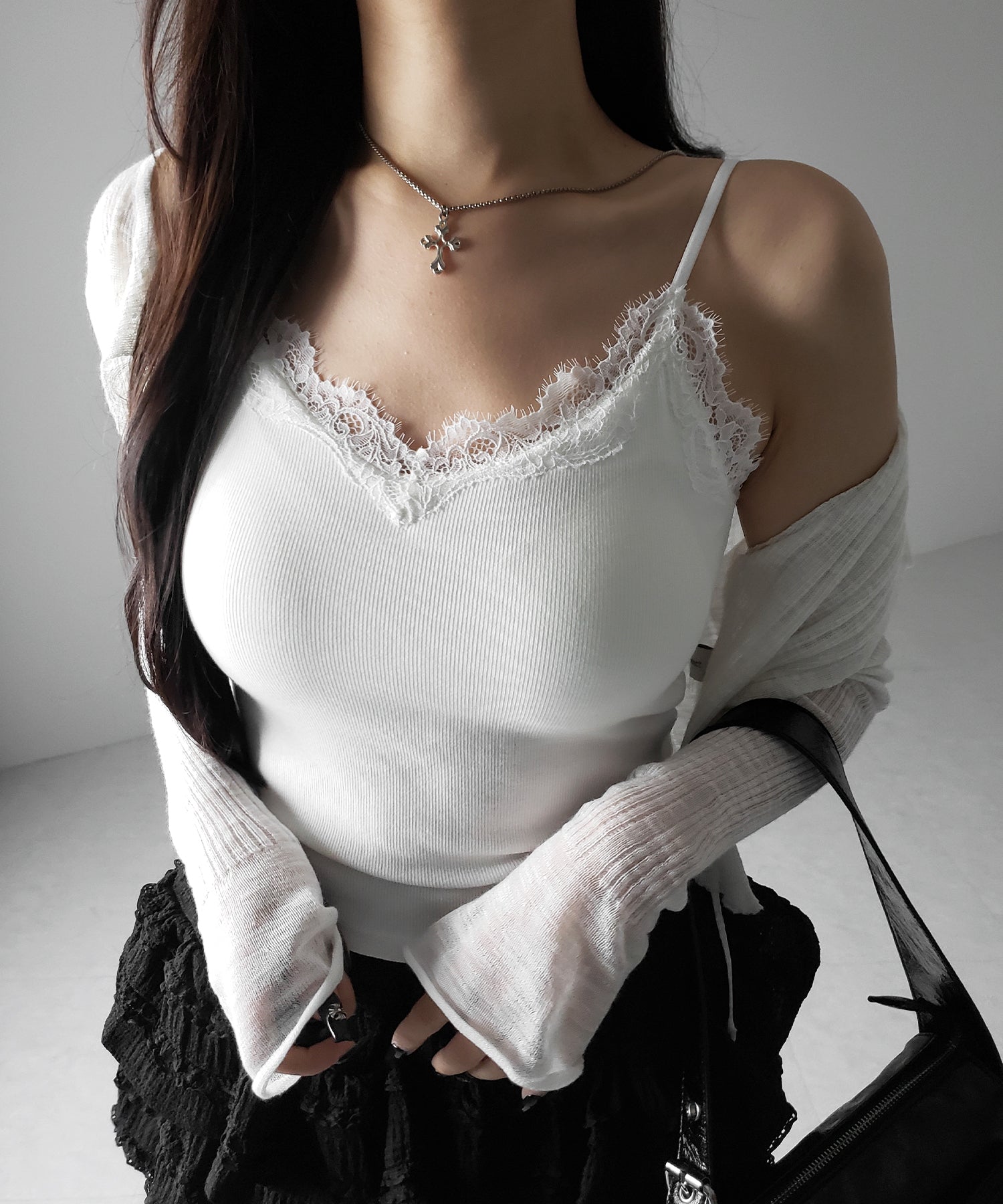 【 カップ付 】レースドッキングリブキャミソール /lace docking ribbed camisole