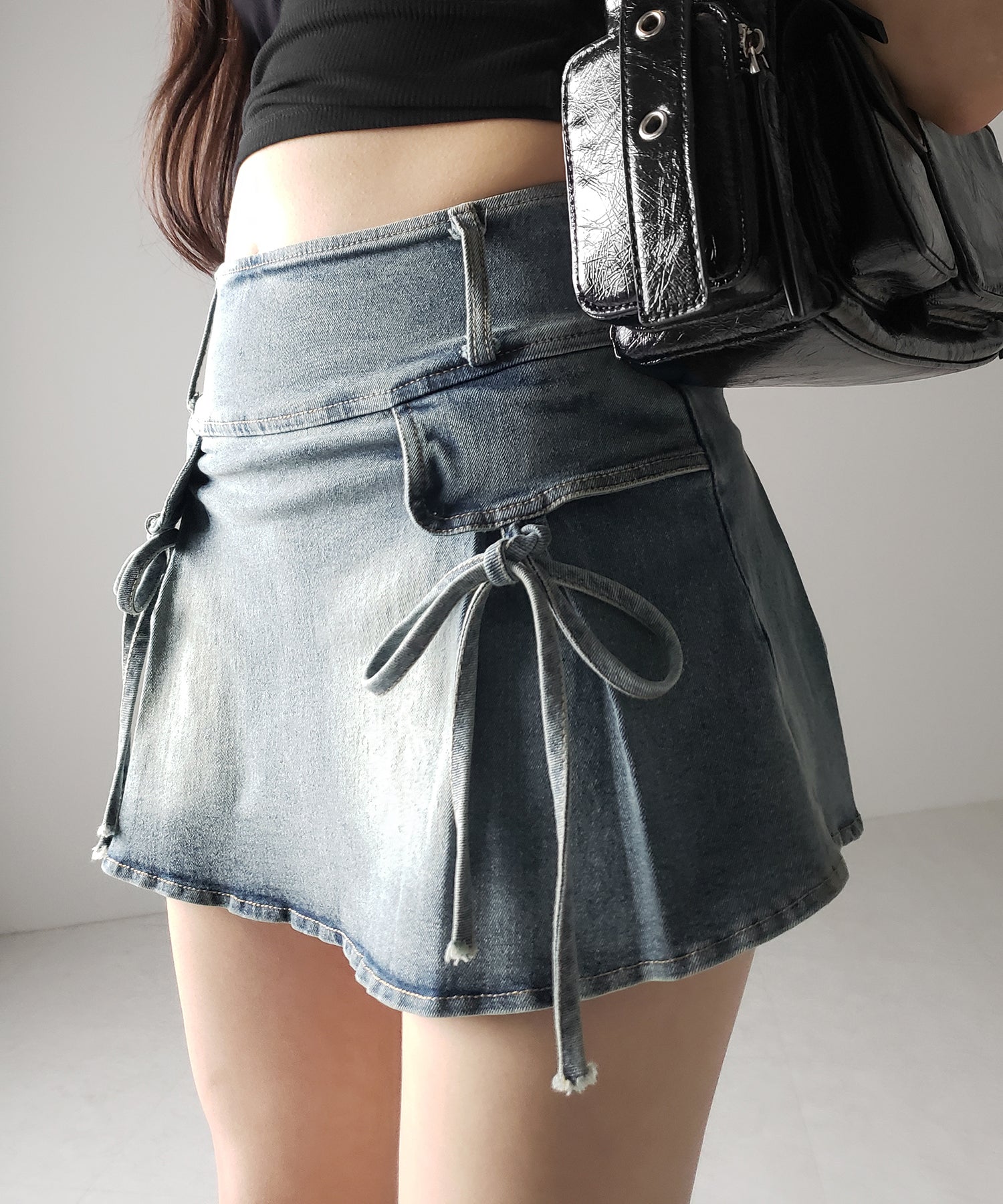 【 2color / 3size 】ヴィンテージライクリボンデニムミニスカパン / vintage like ribbon denim mini skirt pants