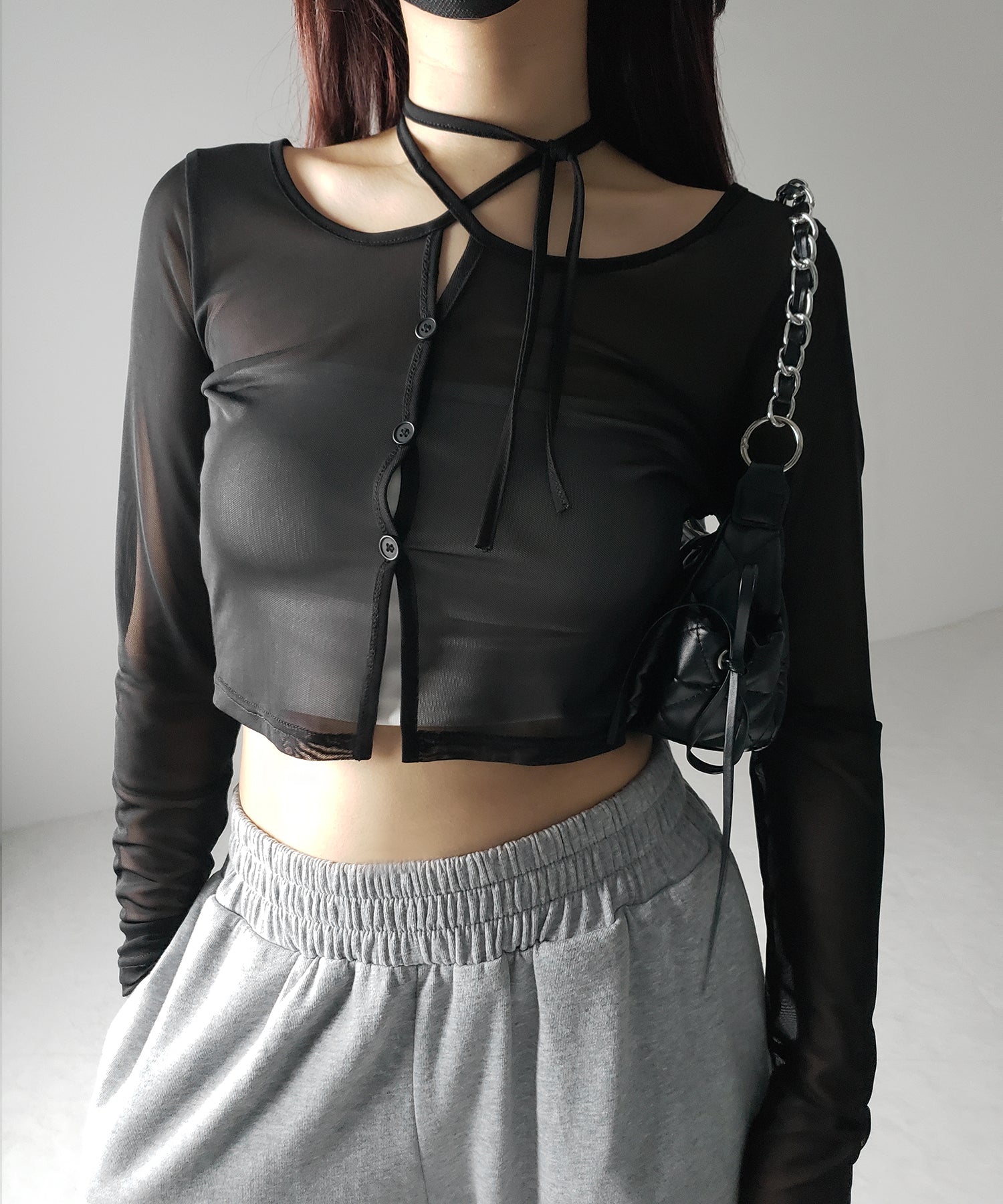 【 3color / 2WAY 】クロスストラップリボンシアーショートカーディガン / cross strap ribbon sheer short cardigan