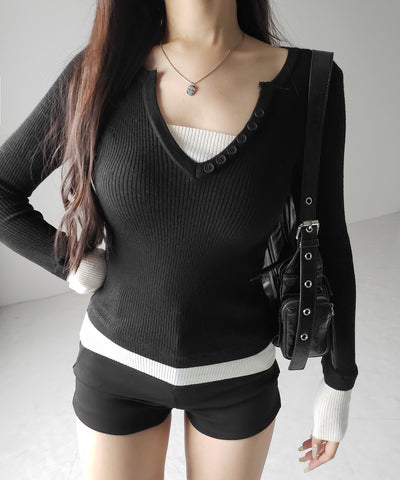 フェイクレイヤードスリムリブニットトップス / Fake layered slim rib knit tops