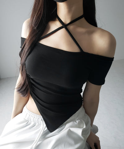 クロスネックアシメギャザーオフショルTシャツ / cross neck asymmetry gather off shoulder T-shirt