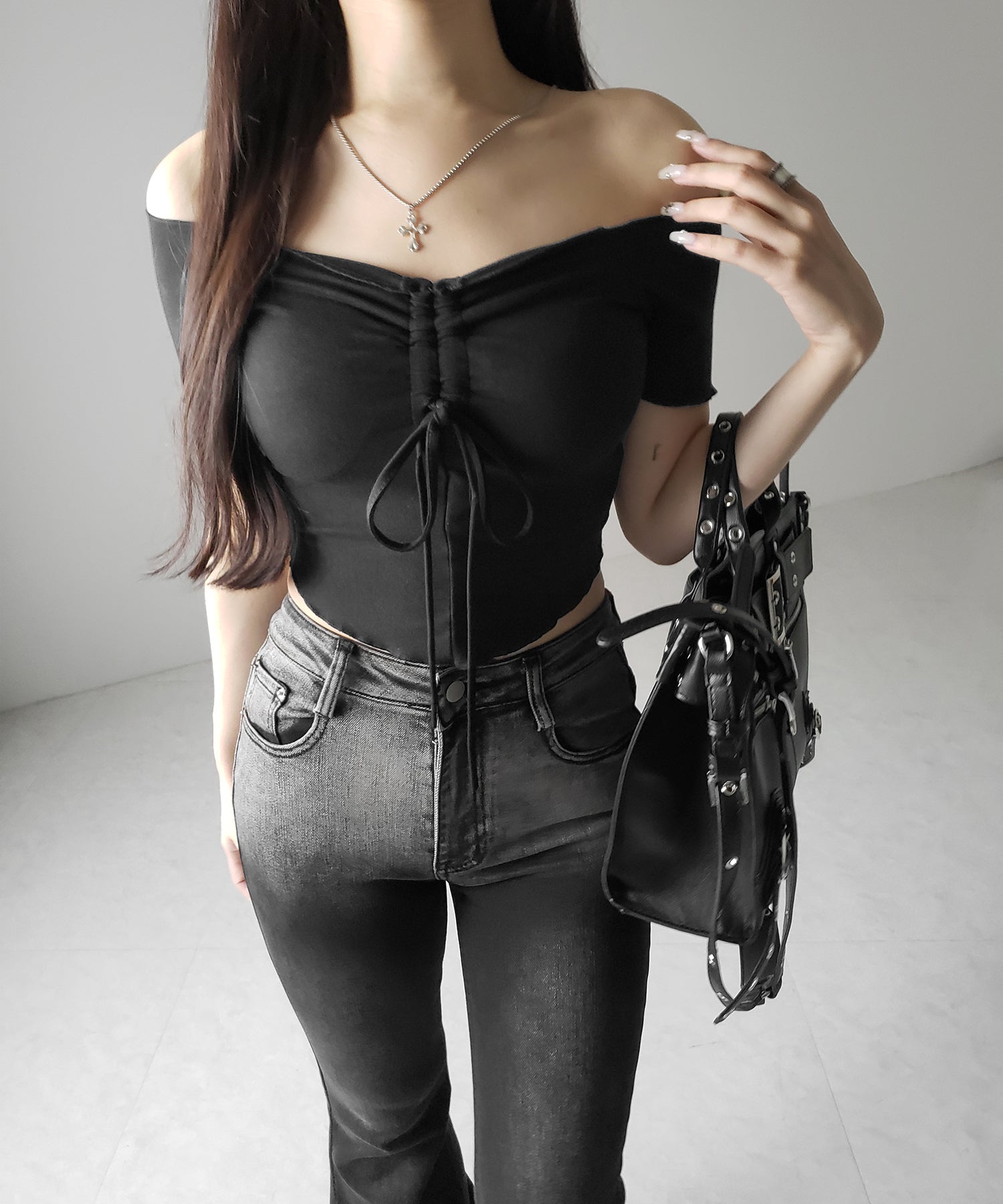 【 3color 】シャーリングリボンオフショルメローTシャツ / shirring ribbon off-shoulder mellow T-shirt