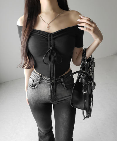 シャーリングリボンオフショルメローTシャツ / shirring ribbon off-shoulder mellow T-shirt