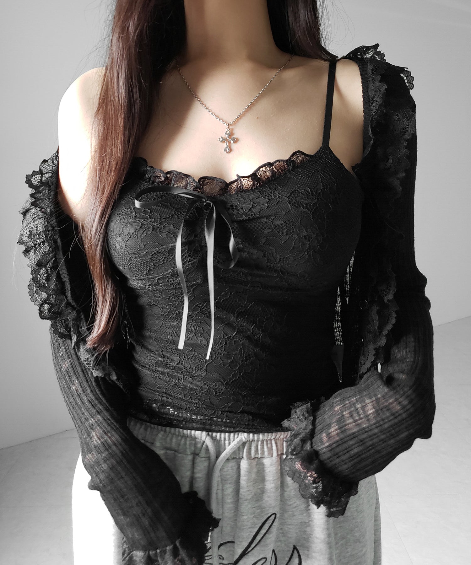 レースフリルシアーニットカーディガン / lace frill sheer knit cardigan