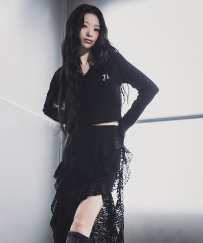 【 裏地付 】アシンメトリーフリルレーススリットロングスカート / asymmetry frill lace slit long skirt