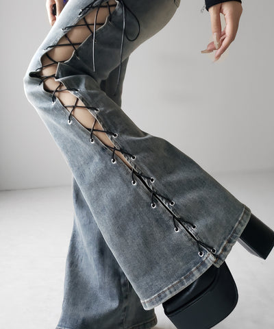 レースアップカットアウトストレッチフレアデニム / lace up cutout stretch flare denim