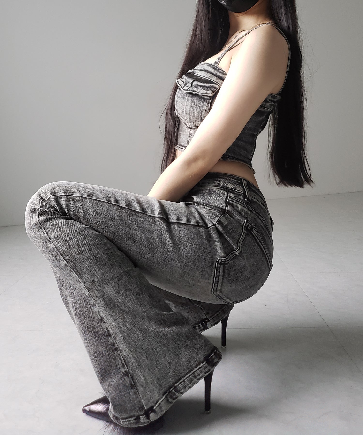 【 セットアップ 】ヴィンテージライクデニムビスチェ + ストレッチフレアデニム SET / 【 SET UP 】 vintage like denim bustier + stretch flare denim