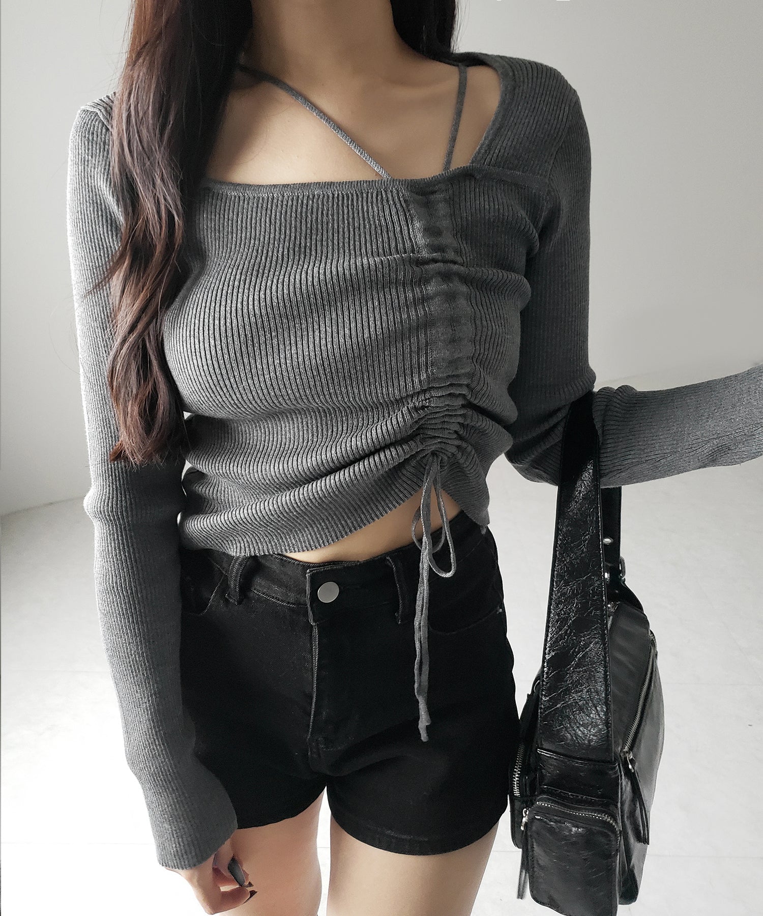 ダブルストラップシャーリングリボンリブニットトップス / double strap shirring ribbon ribbed knit tops