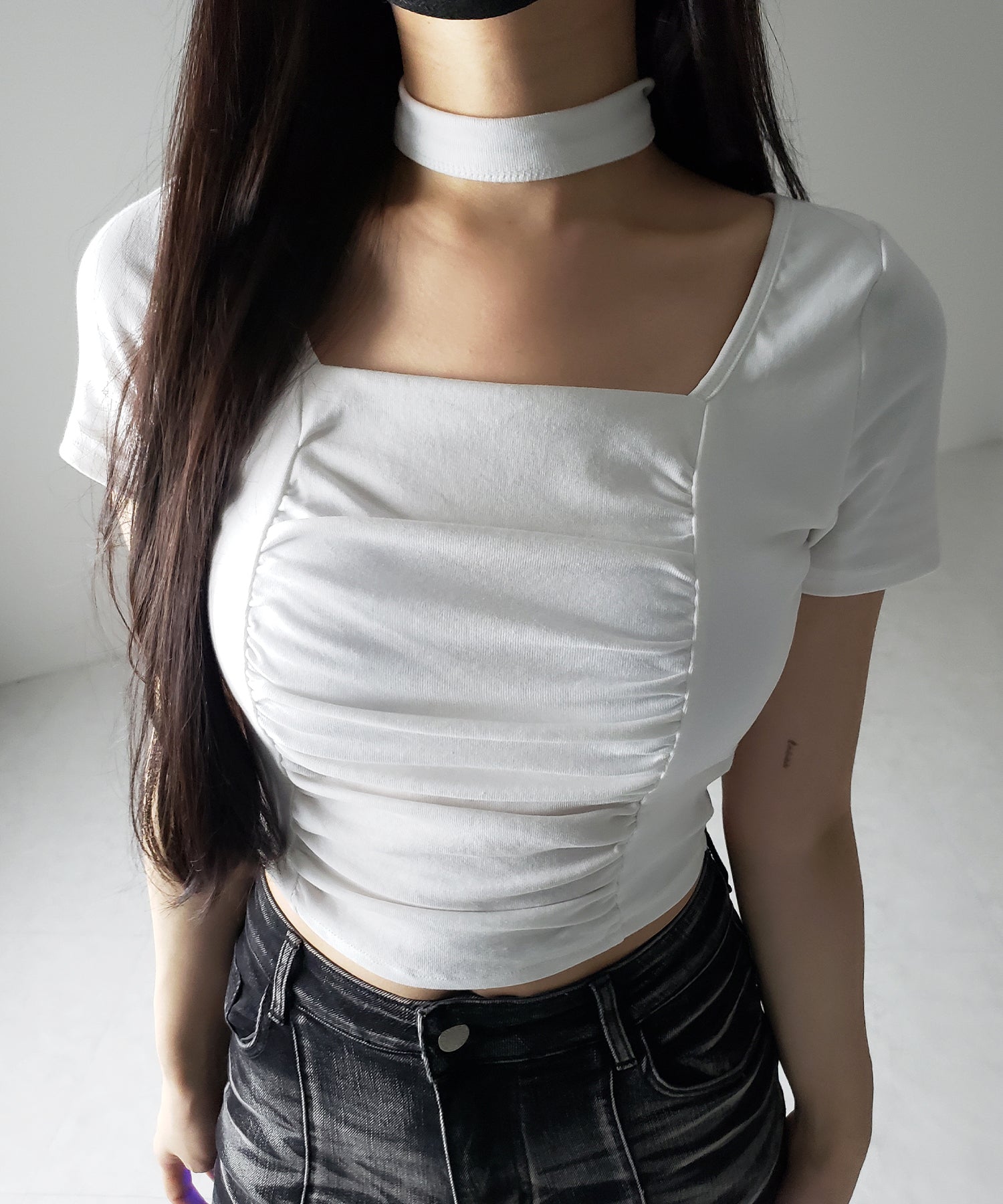 【 2WAY 】チョーカーロングタイ付き スクエアネックギャザースリムTシャツ / choker long tie SET square neck gather slim sleeve T-shirt