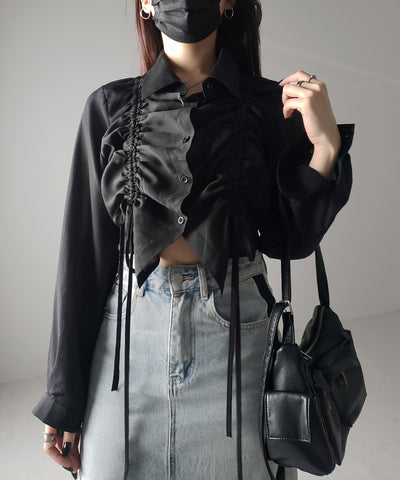 ダブルリボンシャーリングショートシアーシャツ / double shirring ribbon short sheer shirts