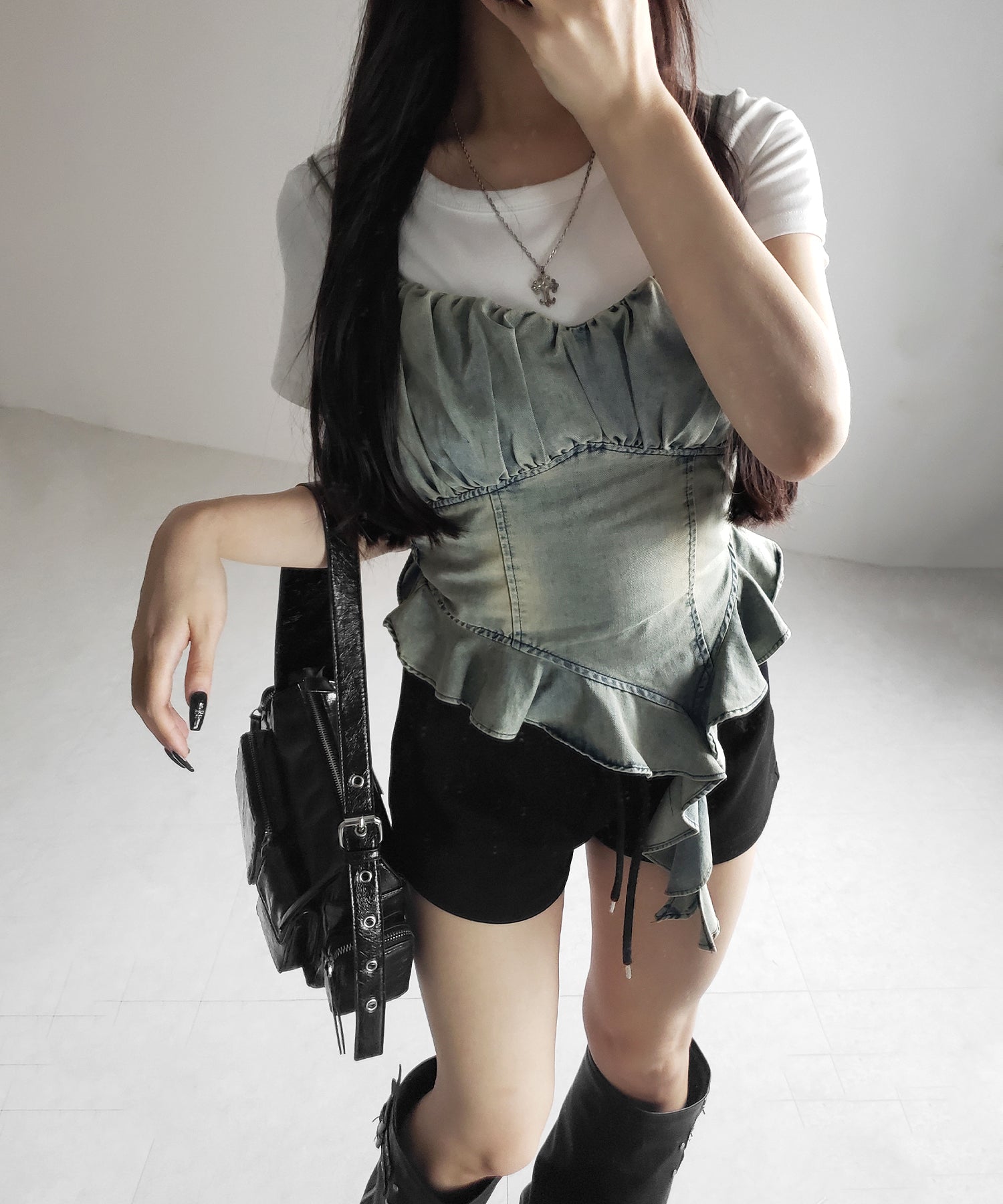 【 2点セット 】ヴィンテージデニムビスチェ & 半袖レイヤードTシャツセット / vintage denim bustier & short sleeve layered T-shirts set