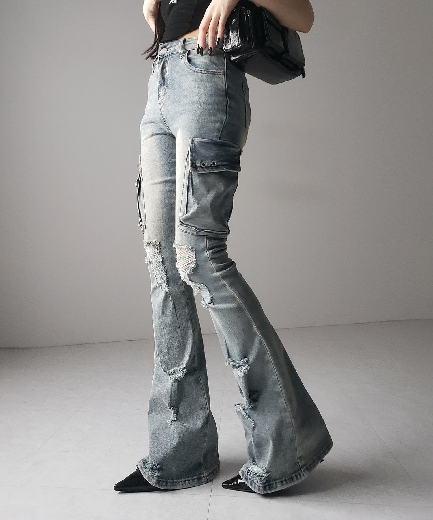 【 2color / 4size 】カーゴデザインヴィンテージライクダメージストレッチフレアデニム / cargo design vintage-like damage stretch flare denim