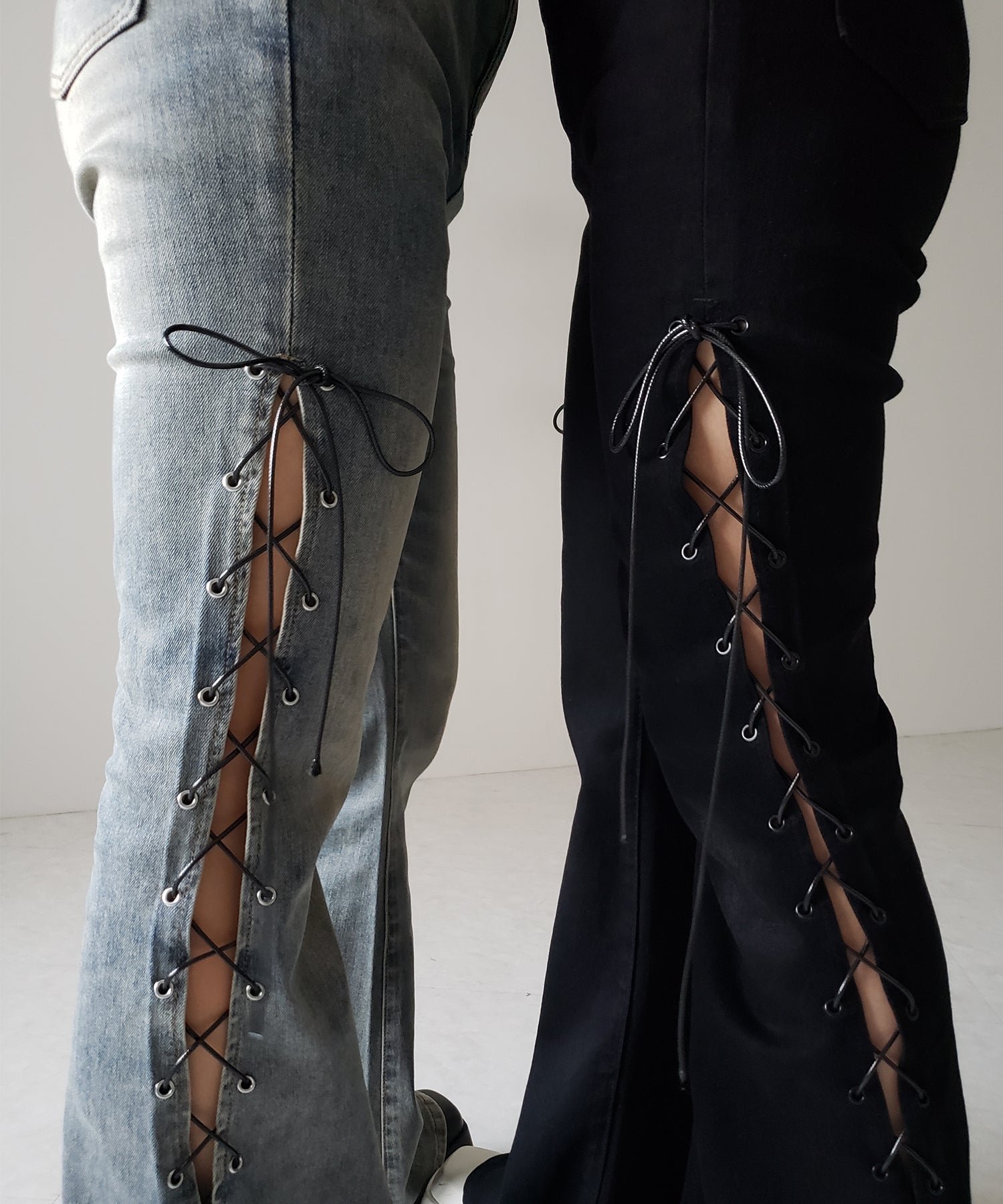 レースアップカットアウトストレッチフレアデニム / lace up cutout stretch flare denim