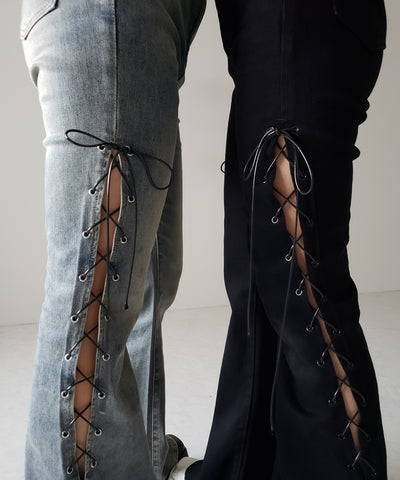 レースアップカットアウトストレッチフレアデニム / lace up cutout stretch flare denim