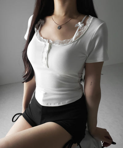 ストラップダブルリボンスクエアネックTシャツ / strap double ribbon square neck T-shirt