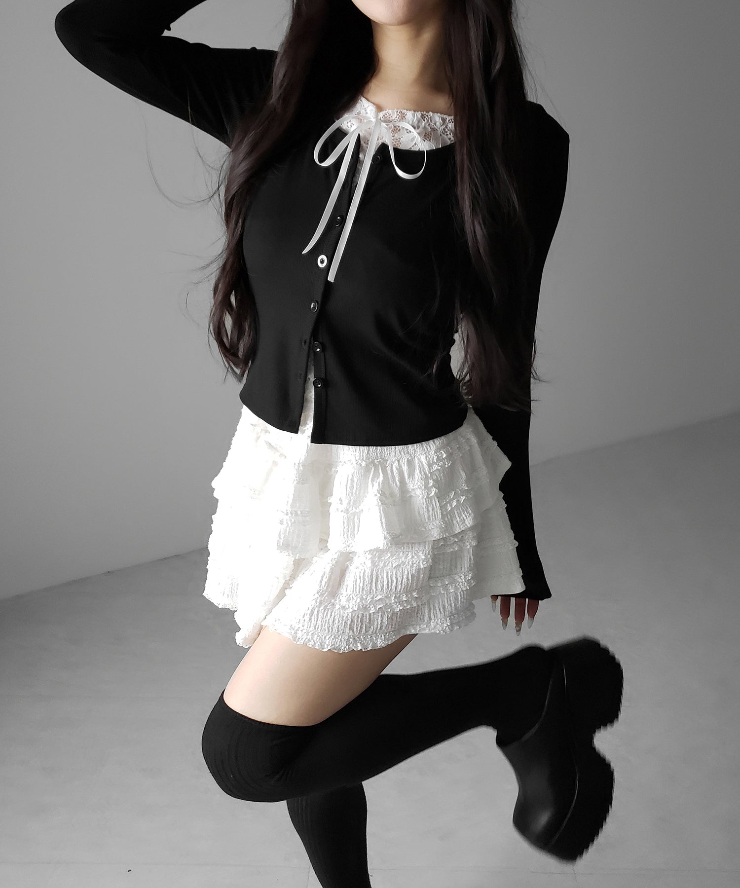 フロントリボンレースレイヤード長袖リブカーディガン /front ribbon lace layered long-sleeve rib cardigan