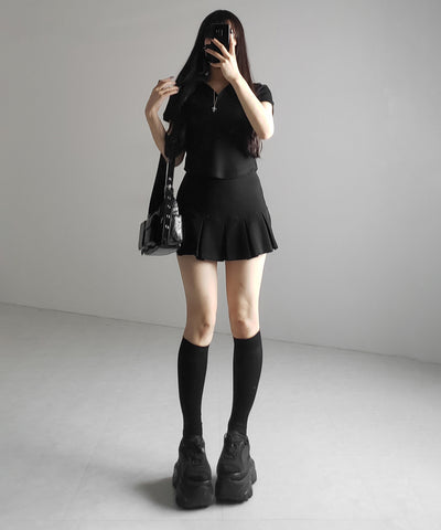 【 2点セット 】スキッパーネック半袖Tシャツ & プリーツミニスカート ワンホンセットアップ / skipper neck short sleeve T-shirt & pleated mini skirt wanghong setup