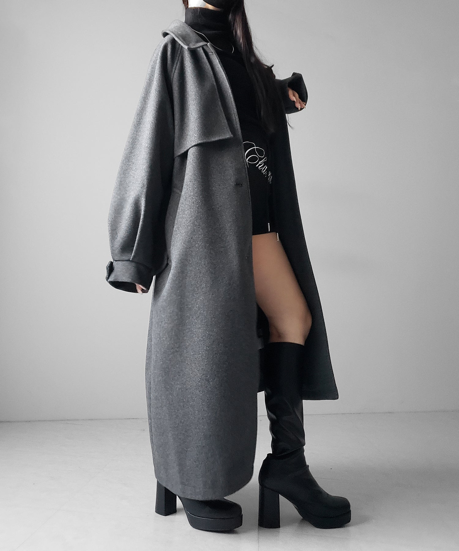 【 ウエストマークベルトSET 】2WAY ステンカラーレディメルトンロングコート / 2WAY soutien collar lady melton long coat