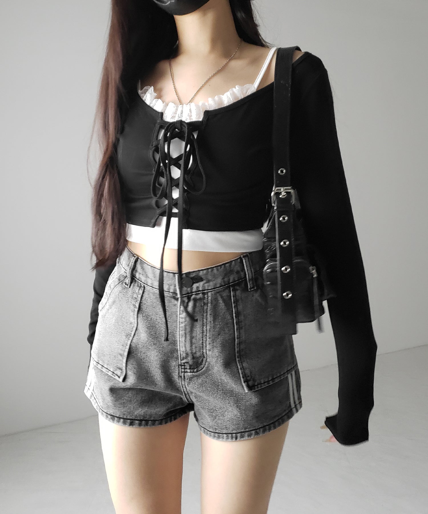 【 2color 】サイドラインハイウエストデニムショートパンツ / sideline highwaist denim short pants