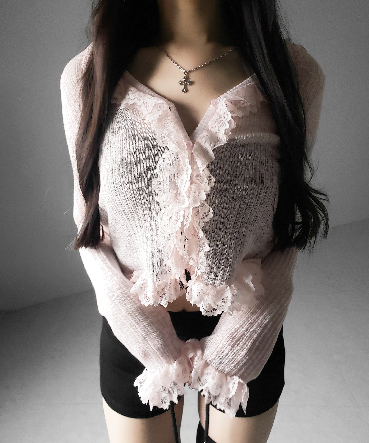 レースフリルシアーニットカーディガン / lace frill sheer knit cardigan