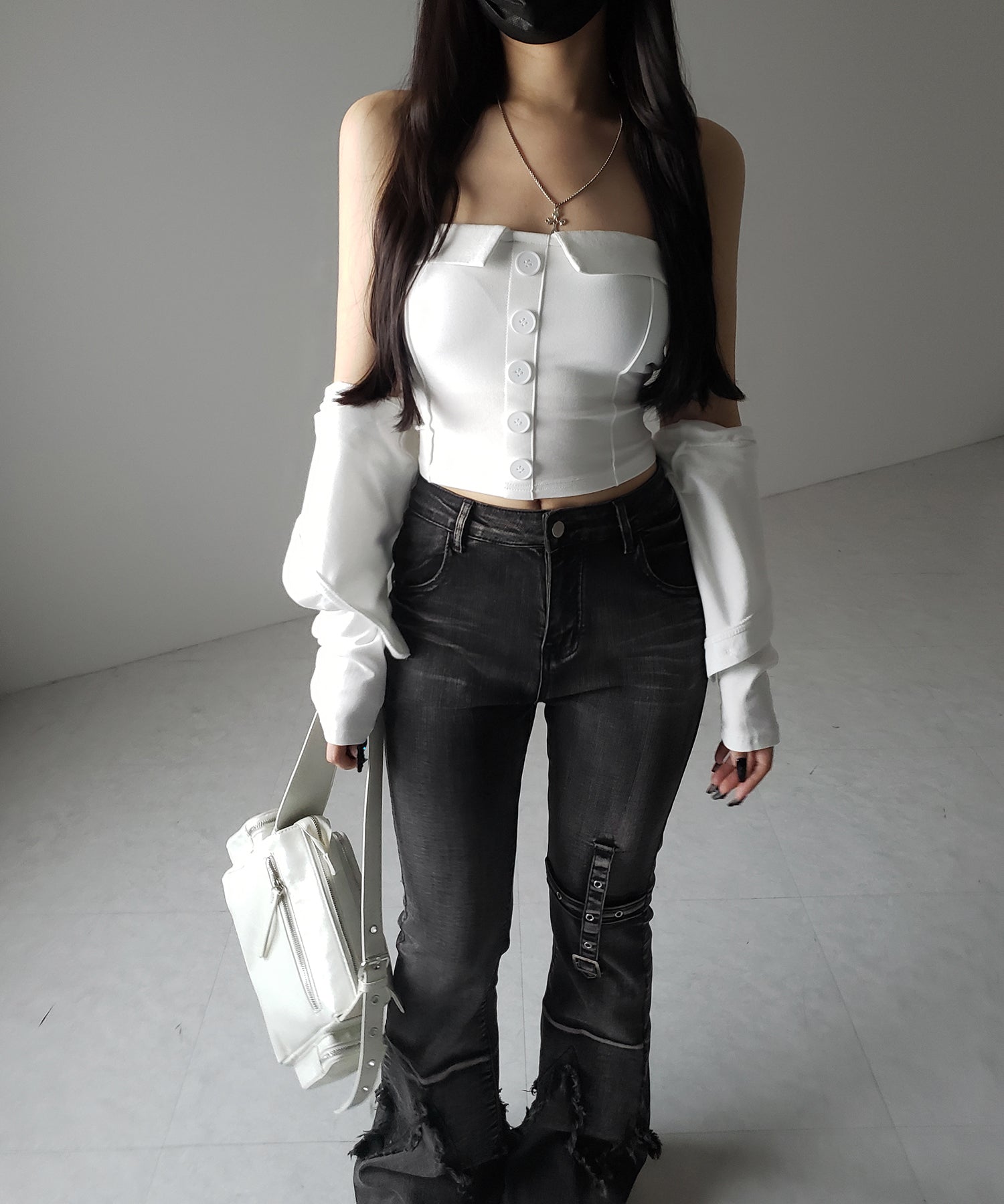 【 2点セット 】フロントボタンベアトップ + クロップドカットソーカーディガン SET / front button bare top + cropped cutsaw cardigan SET