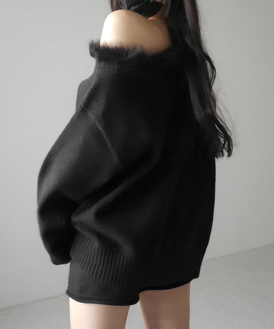 【 ニットセットアップ 】フェイクファーワンショルオーバーニット + ニットショートパンツ SET / fake fur one-shoulder over knit + knit short pants SET