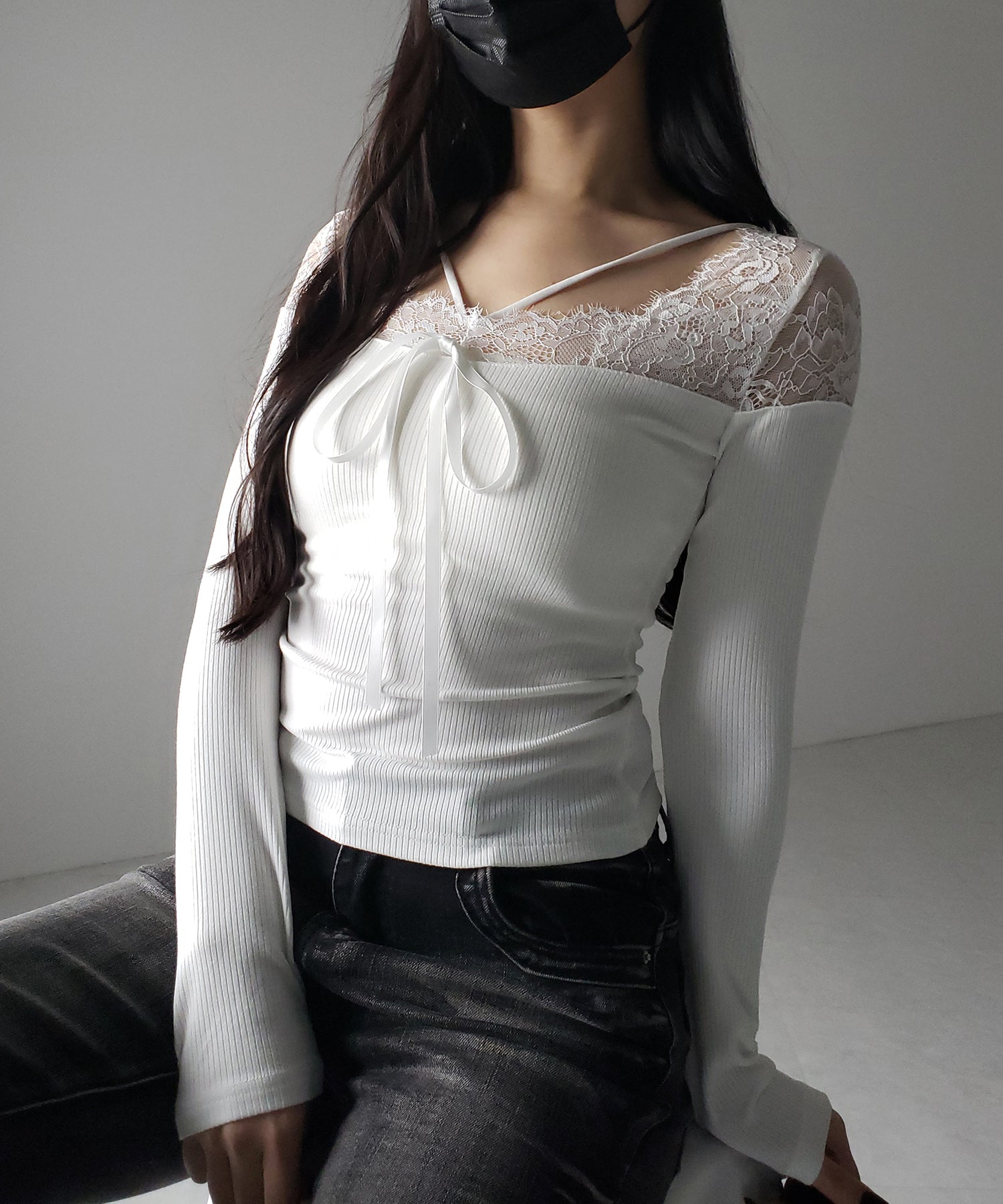 クロスストラップレース切替リブトップス / cross strap lace switching ribbed tops