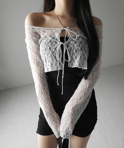 ダブルストラップリボンショートレースカーディガン /double strap ribbon short lace cardigan